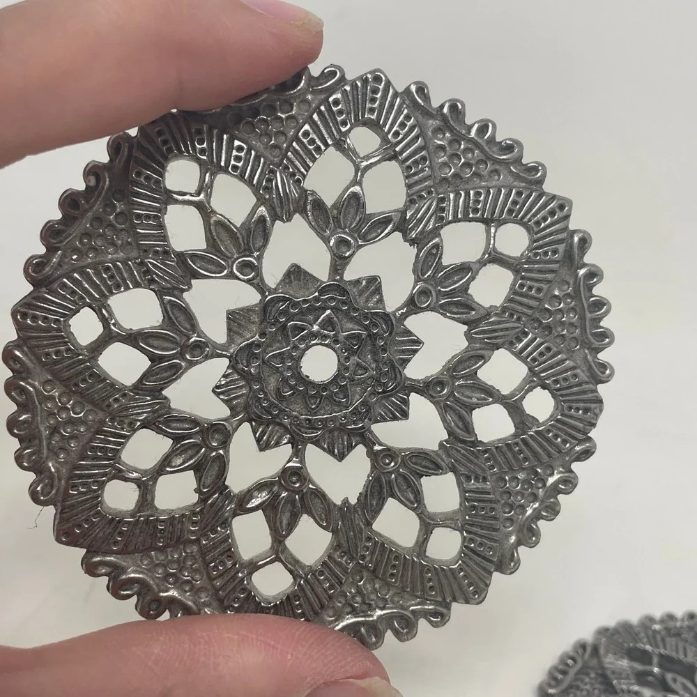 Vintage Silver Metal Filigree Mandala Coasters Set of 2 Ornate Boho Trivets 3in